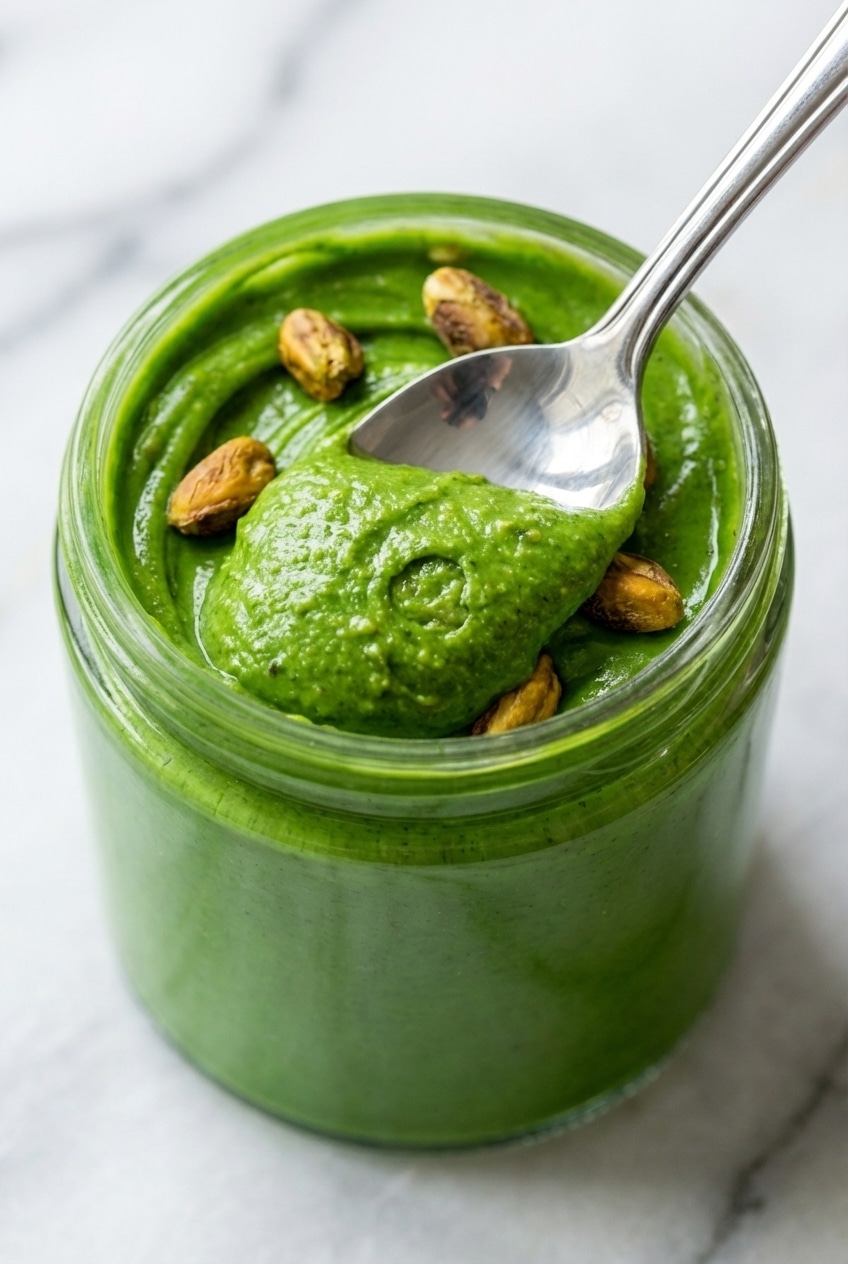 Close-up of a food processor bowl containing a glossy, vibrant pistachio butter recipe blended to a silky consistency.