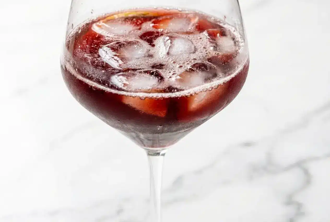 Sleepy girl mocktail recipe in a glass, featuring tart cherry juice infused with steeped chamomile, fresh ginger, and sea salt.