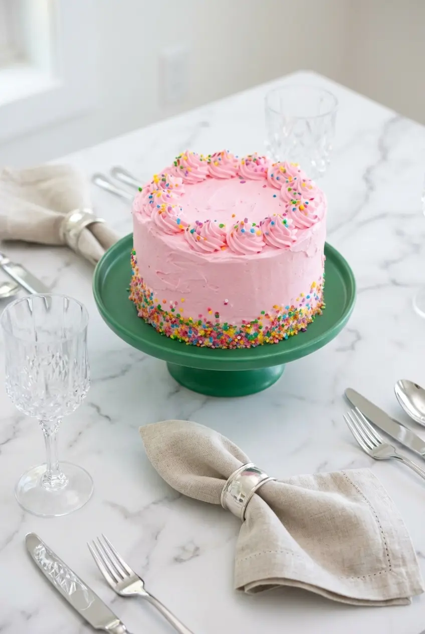 A beautifully frosted Microwave Layer Cake sliced on a dessert plate next to a cup of coffee ready for an afternoon treat.