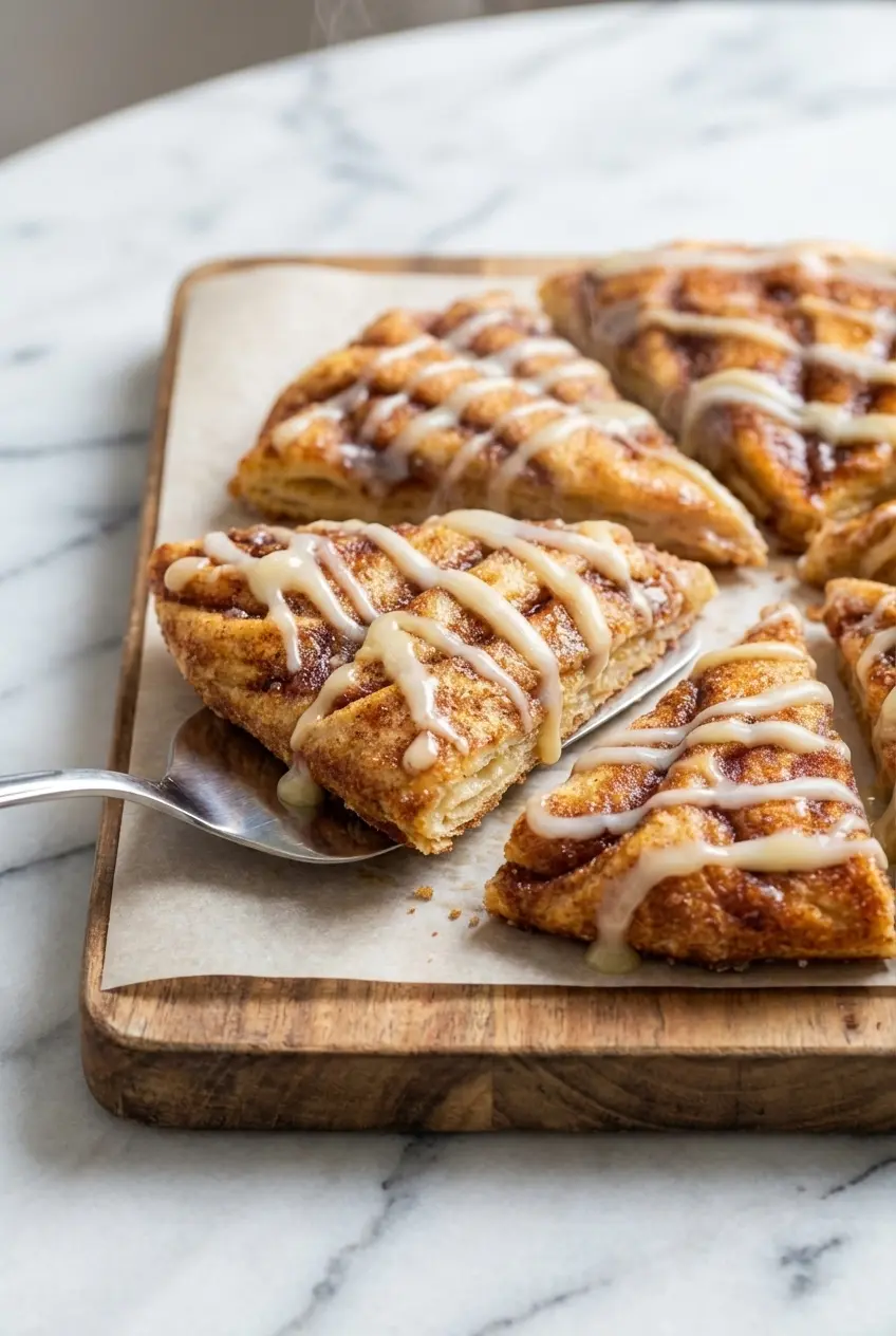 Slicing a freshly baked Cinnamon Sugar Pizza made with Crescent Rolls on a baking sheet lined with parchment paper.