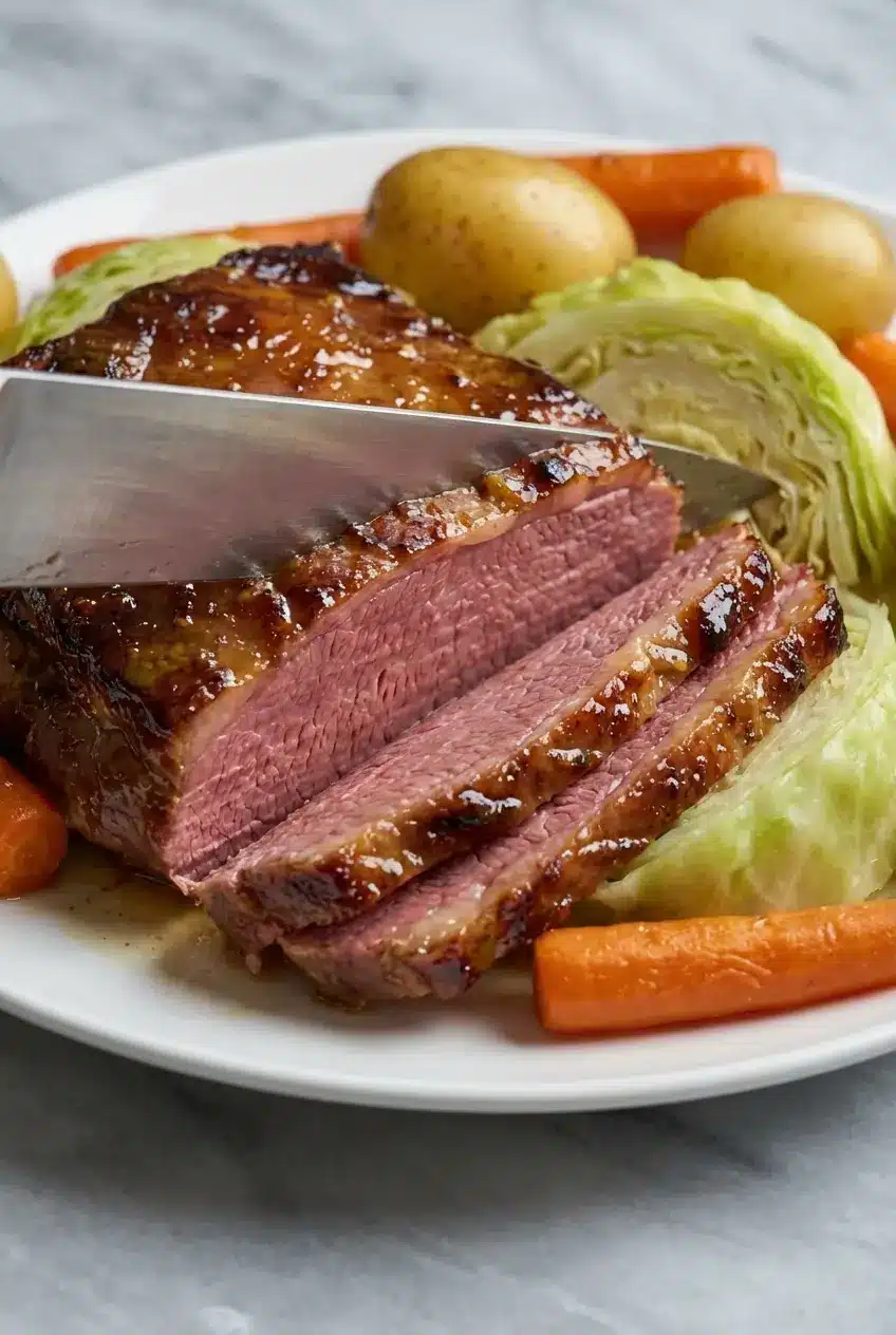Slicing the finished corned beef and cabbage recipe brisket against the grain on a wooden cutting board.