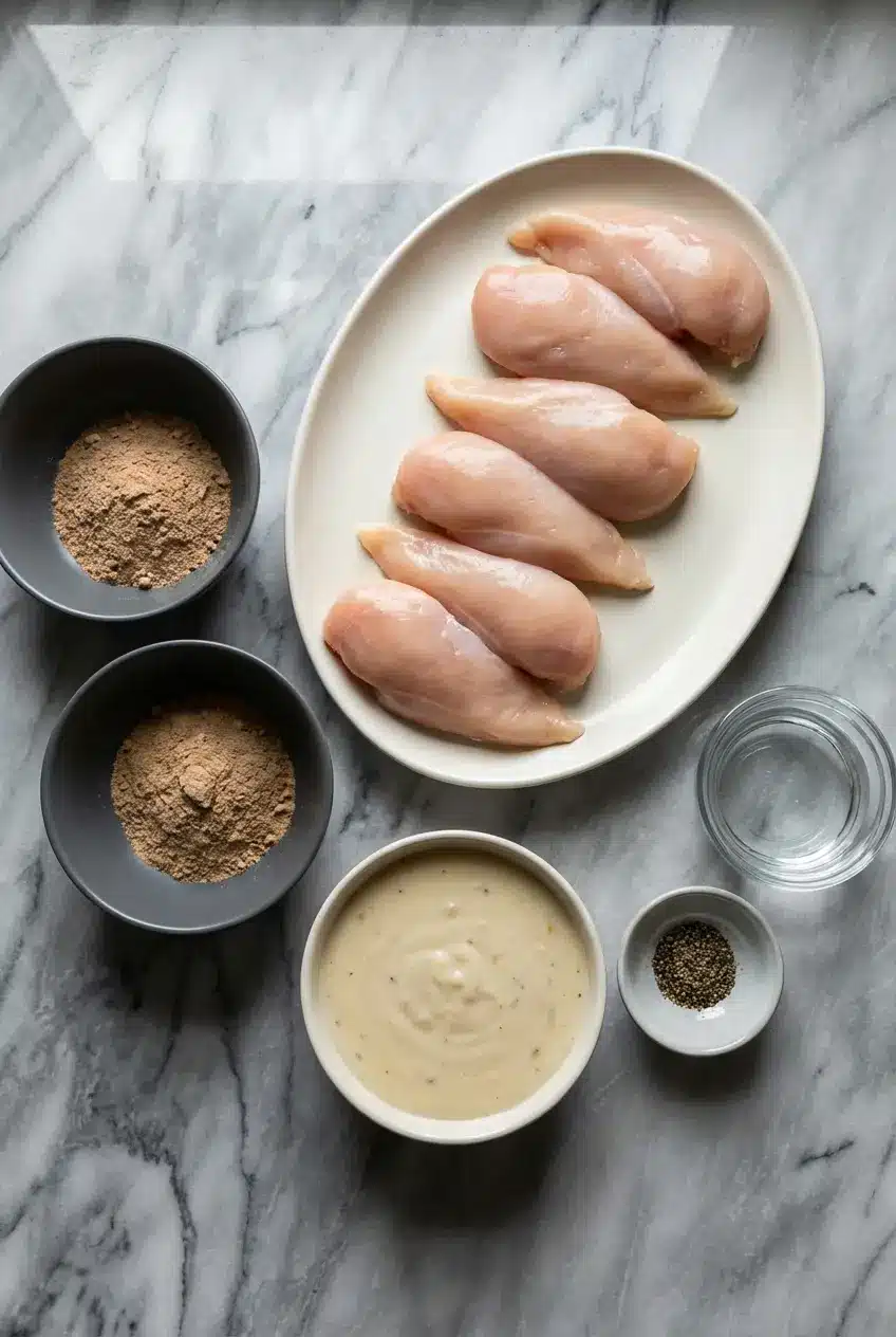 Ingredients for slow cooker chicken and gravy including chicken breast, gravy mix, and cream of chicken soup.