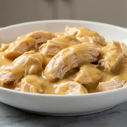 Creamy slow cooker chicken and gravy with a sour cream and Worcestershire sauce twist over mashed potatoes.