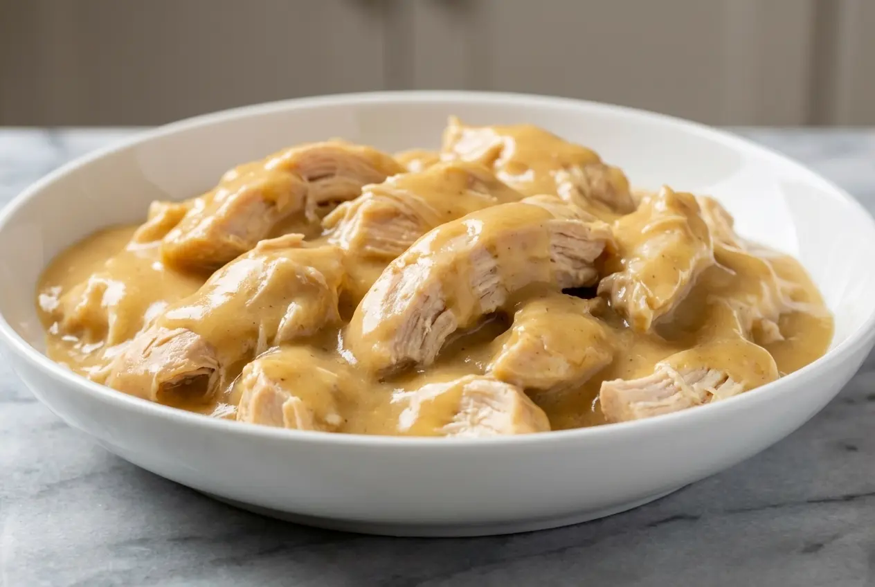 Creamy slow cooker chicken and gravy with a sour cream and Worcestershire sauce twist over mashed potatoes.