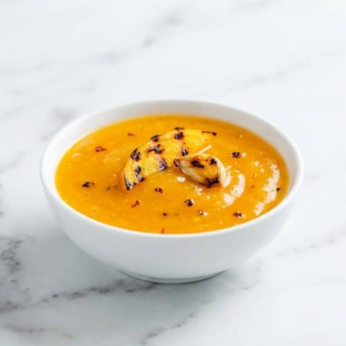 A bowl of sweet mango chili sauce made with charred mango cheeks and blackened garlic, served beside spring rolls.
