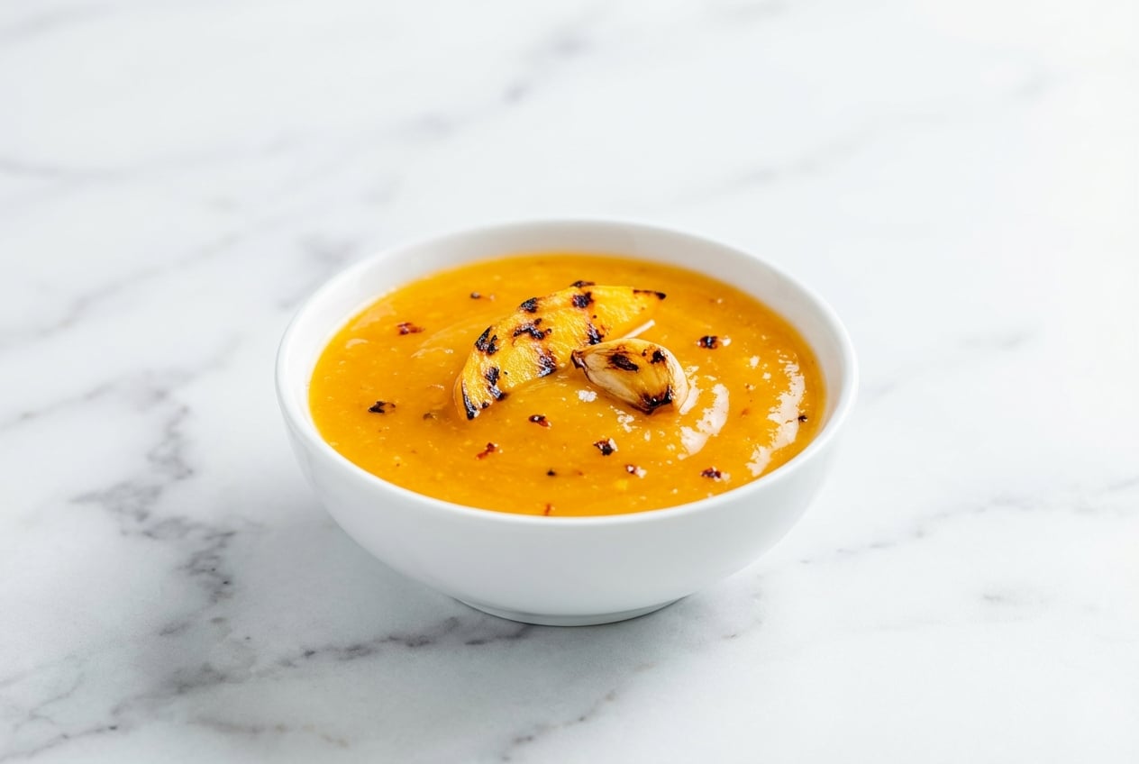 A bowl of sweet mango chili sauce made with charred mango cheeks and blackened garlic, served beside spring rolls.