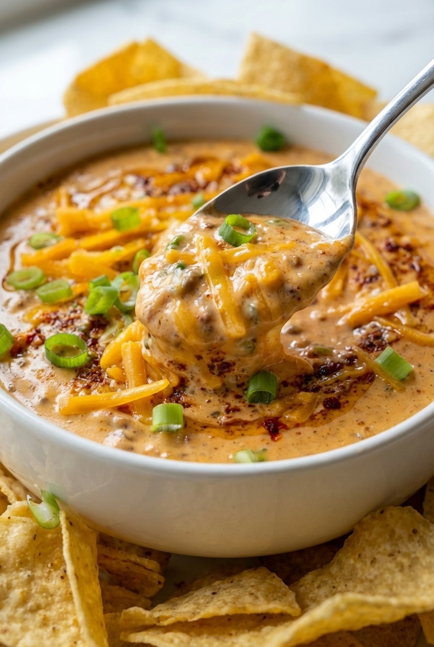 Close-up of a tortilla chip lifting a scoop of silky Cream Cheese and Chili Queso Dip showing a perfectly smooth texture.