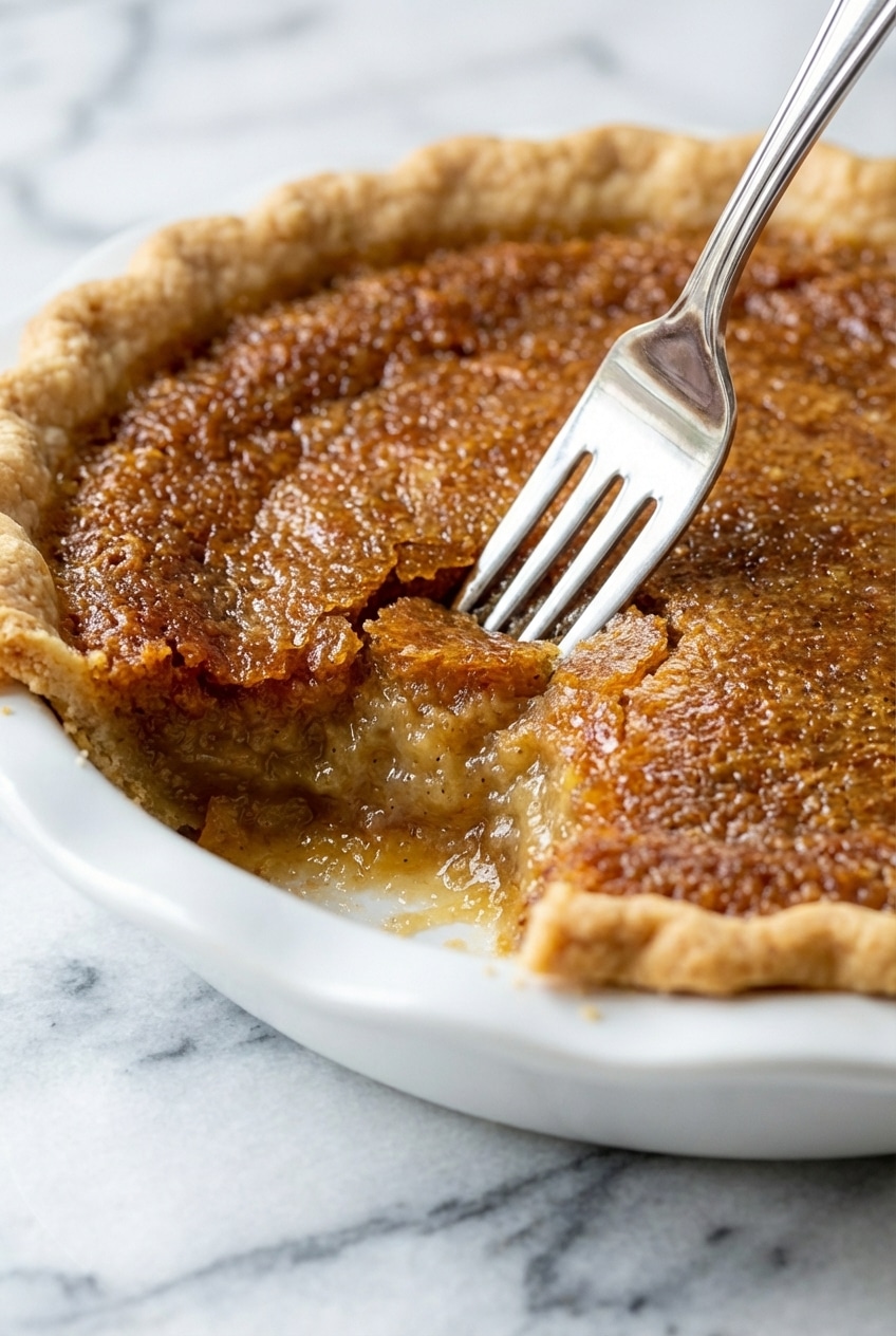 Close-up of a perfectly baked vinegar pie recipe, showing the smooth, golden custard surface and beautifully crimped edges.