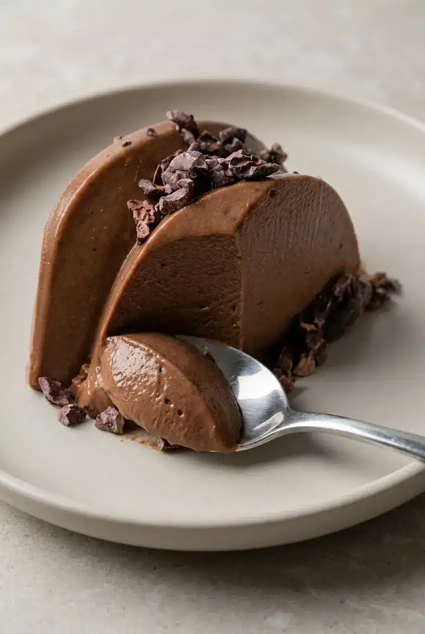 Close-up of a high protein gelatin dessert showing a perfectly smooth, air-free, and creamy chocolate surface.