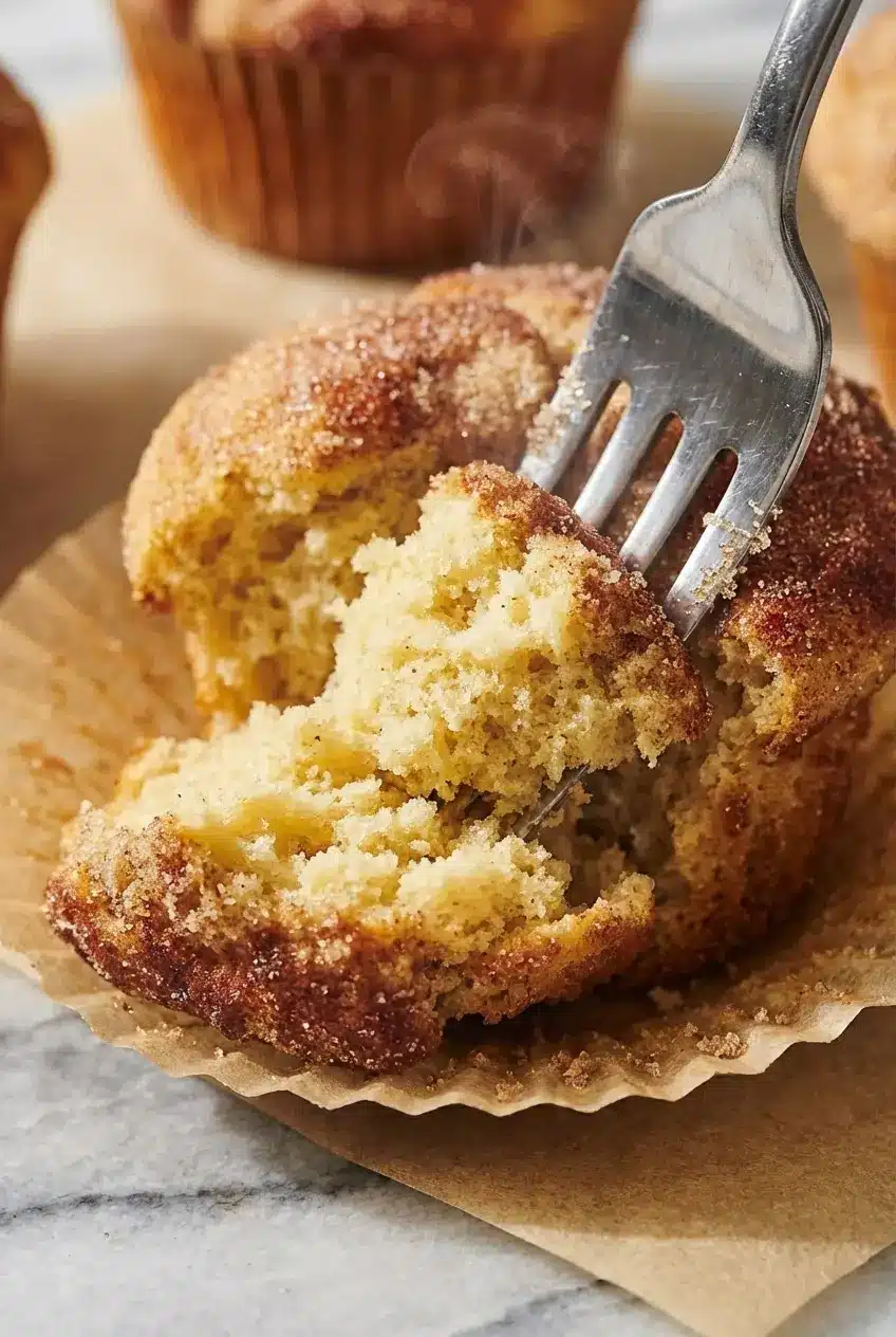 Close-up of the tender interior crumb of Cinnamon Sugar Donut Muffins showing the soft, airy texture.
