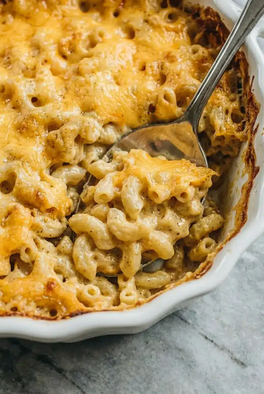 Close-up of creamy Southern Baked Mac and Cheese showing the gooey bechamel sauce and al dente pasta.