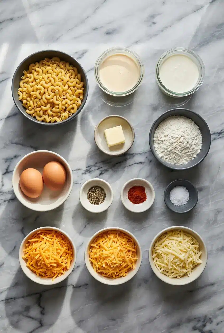 Raw elbow macaroni, sharp cheddar, Monterey Jack, and evaporated milk for Southern Baked Mac and Cheese.