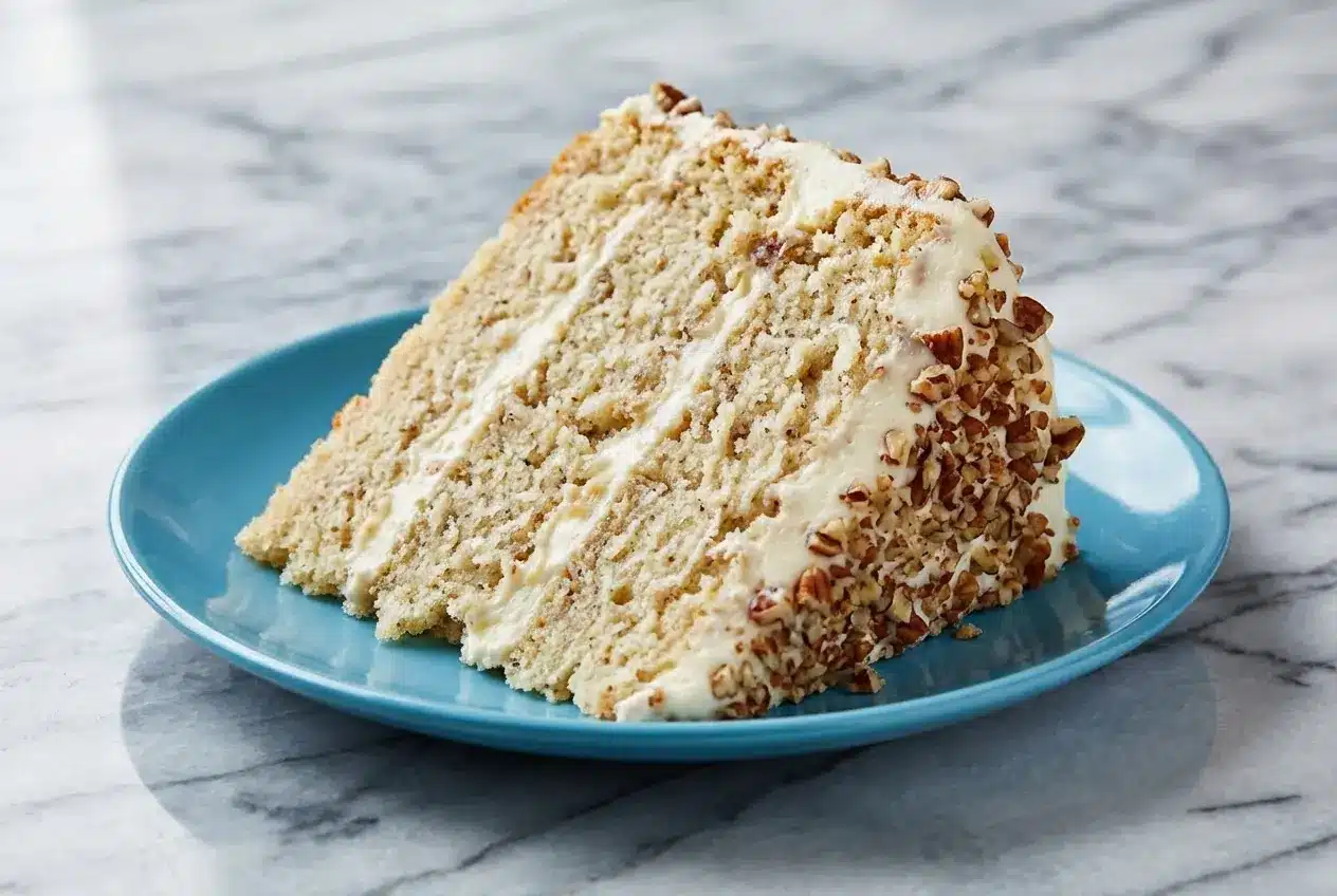 Southern Creamy Banana Cake featuring roasted banana puree and rich brown butter cream cheese frosting.