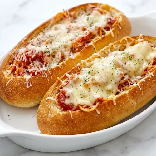 Baked spaghetti boats on a parchment-lined baking sheet with melted mozzarella and Calabrian chili garlic butter crust.
