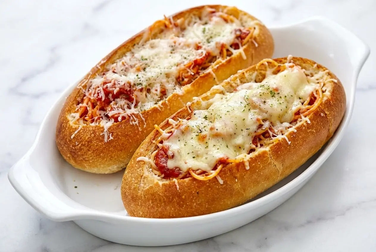 Baked spaghetti boats on a parchment-lined baking sheet with melted mozzarella and Calabrian chili garlic butter crust.