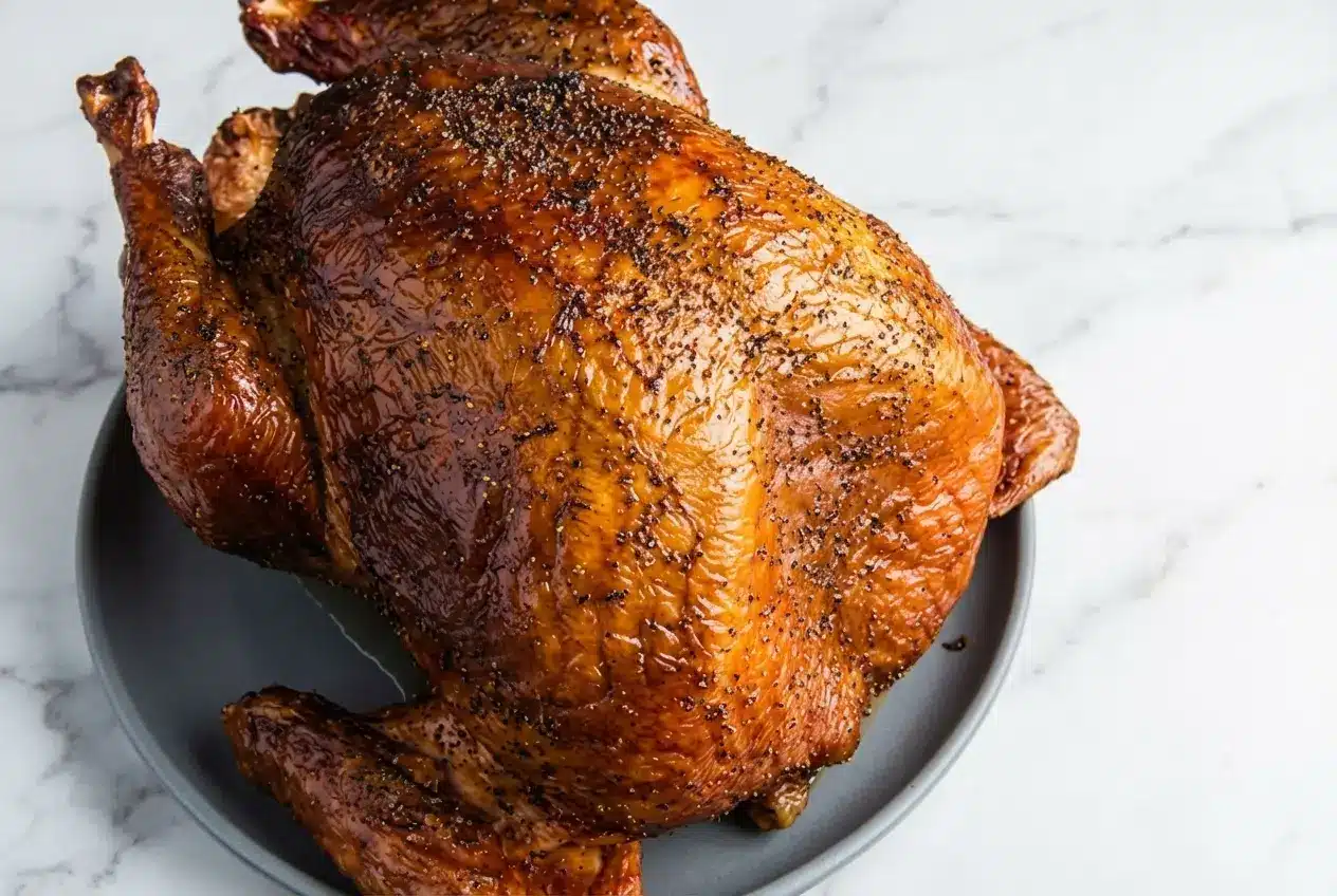 Spatchcocked smoked turkey with crispy golden brown skin from a baking powder dry brine, served on a cutting board.