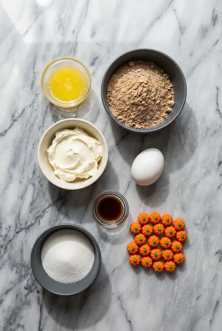 Raw ingredients for spice cake mix cookies including brown butter, cream cheese, and vanilla extract.
