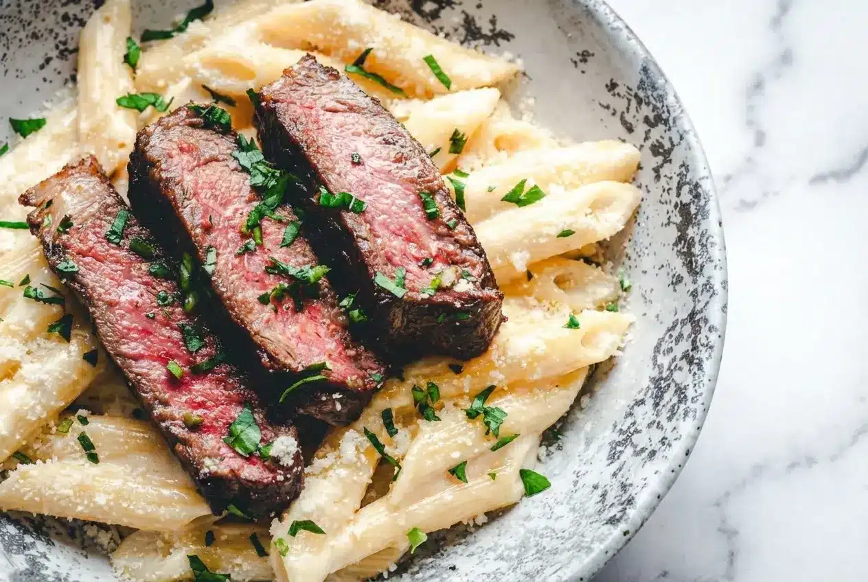 Plated steak pasta recipe featuring medium-rare sliced ribeye over creamy noodles, finished with a rich balsamic drizzle.