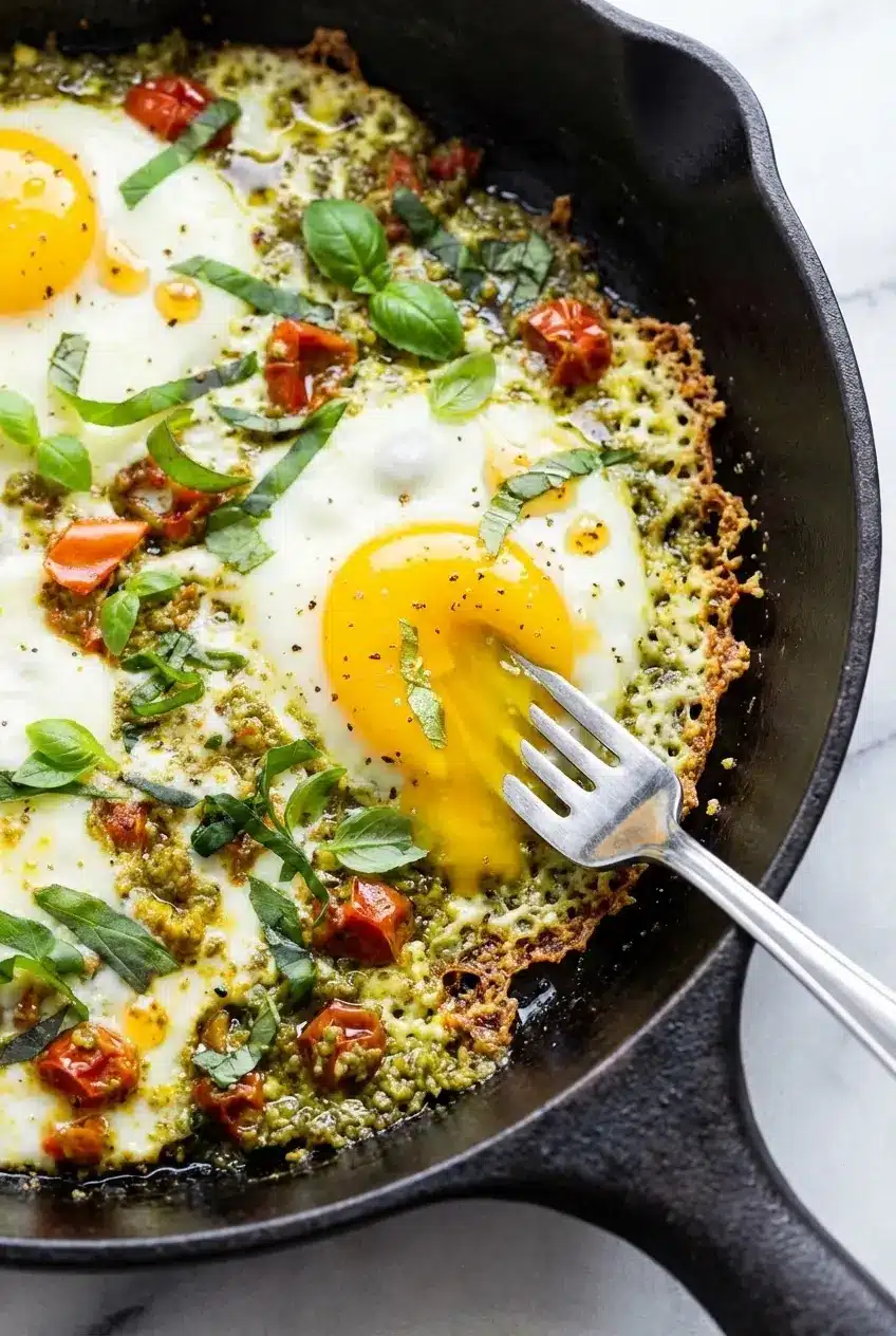 Cooking the Pesto Eggs Recipe in a cast iron pan, showing the eggs steam-basting inside a golden feta cheese skirt.