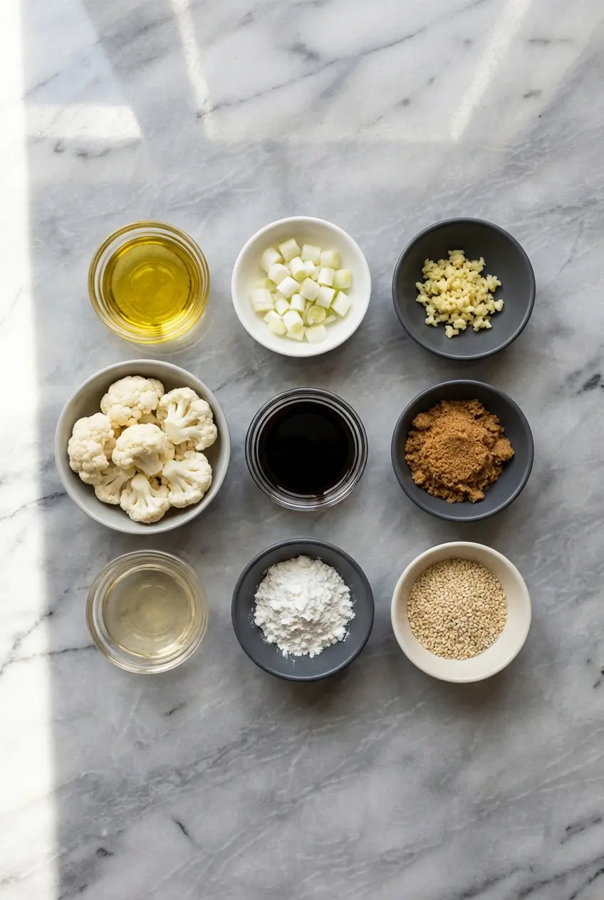Flat lay of Sticky Sesame Cauliflower ingredients including cauliflower florets, soy sauce, and sesame oil.