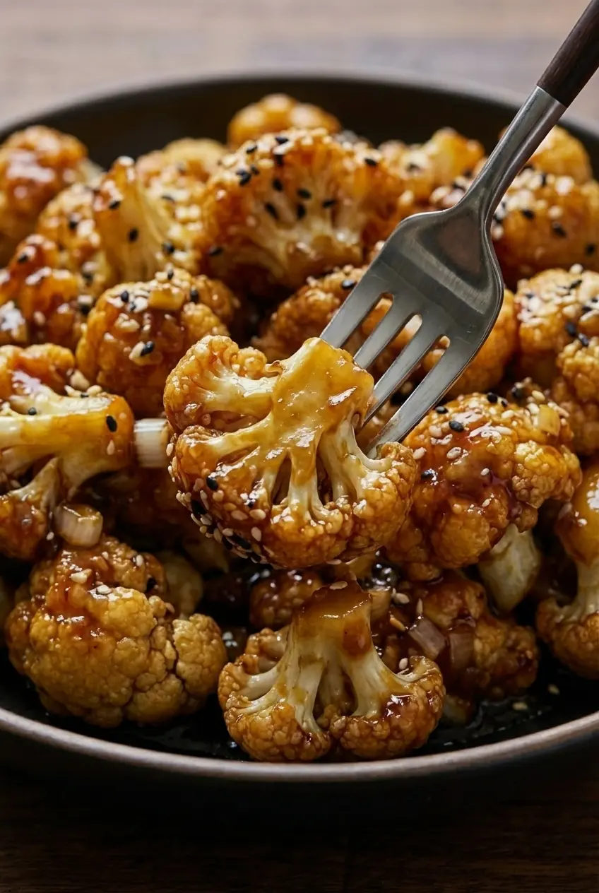 Extreme close-up of Sticky Sesame Cauliflower showing the bubbly, caramelized texture of the sauce.