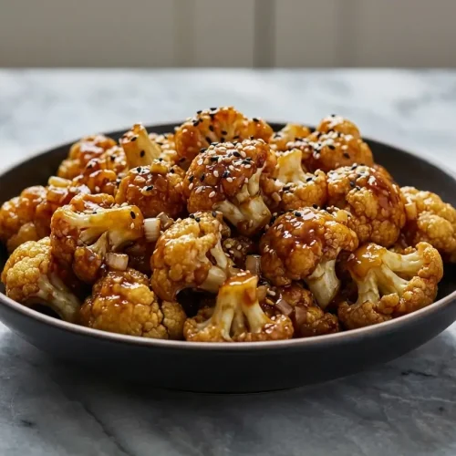 Sticky Sesame Cauliflower with a crispy coating from the dry cornstarch velveting technique.