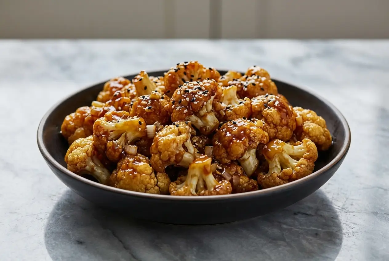 Sticky Sesame Cauliflower with a crispy coating from the dry cornstarch velveting technique.