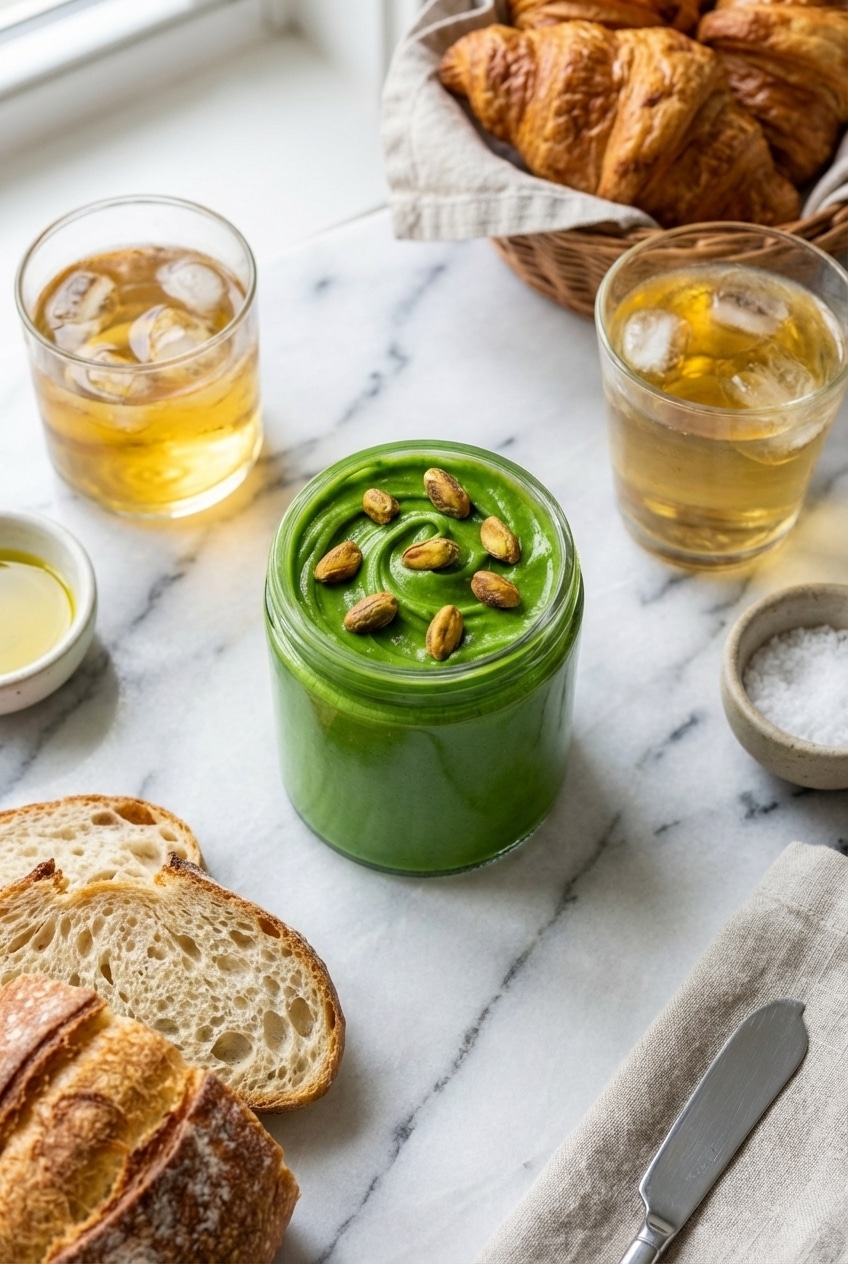 Glass jar filled with homemade pistachio butter recipe sitting on a counter next to a slice of toast.