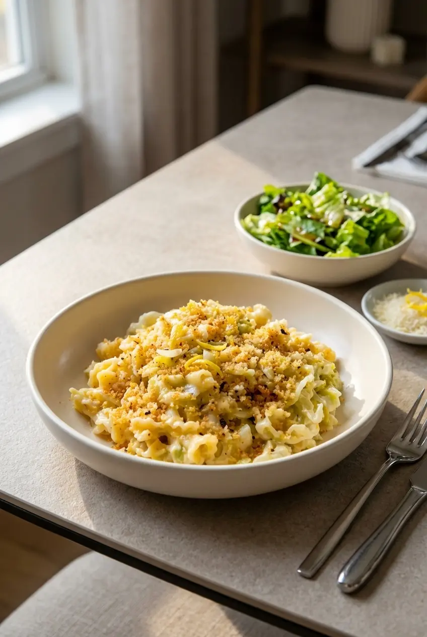 Cabbage alfredo pasta recipe served in a white bowl, showing its suitability for meal prep and easy storage.
