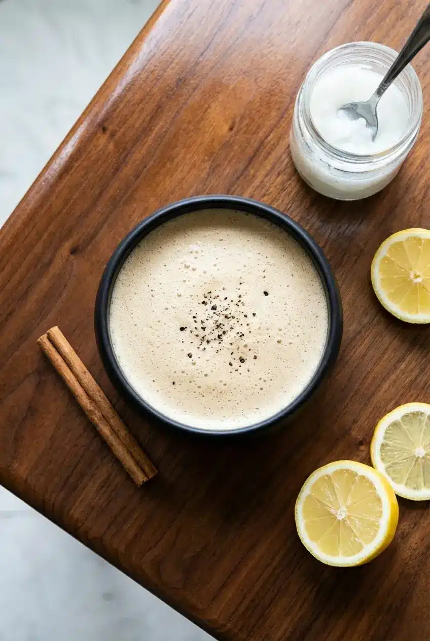 A cozy morning setup featuring the frothed Mushroom Tea recipe served in an earthy clay mug alongside a sealed glass jar.