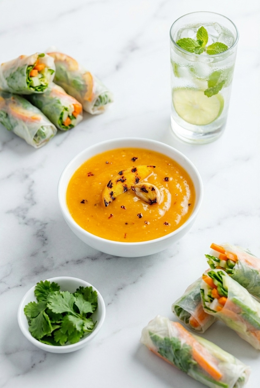 A glass mason jar filled with bright orange sweet mango chili sauce next to crispy spring rolls on a wooden board.