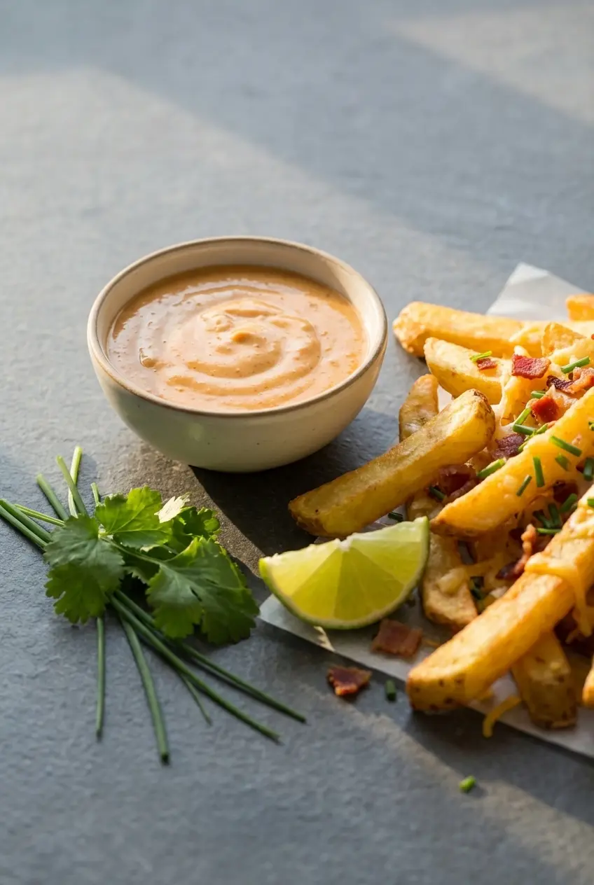 A sealed jar of homemade tram sauce recipe sitting next to a plate of hot crispy potato wedges.