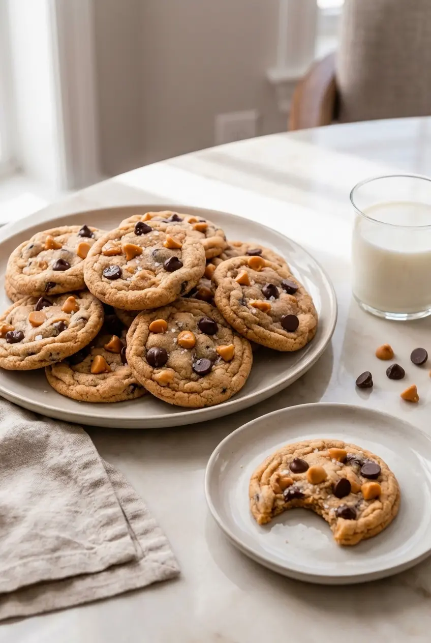 Freshly baked Butterscotch Chocolate Chip Cookies cooling on a wire rack over parchment paper.