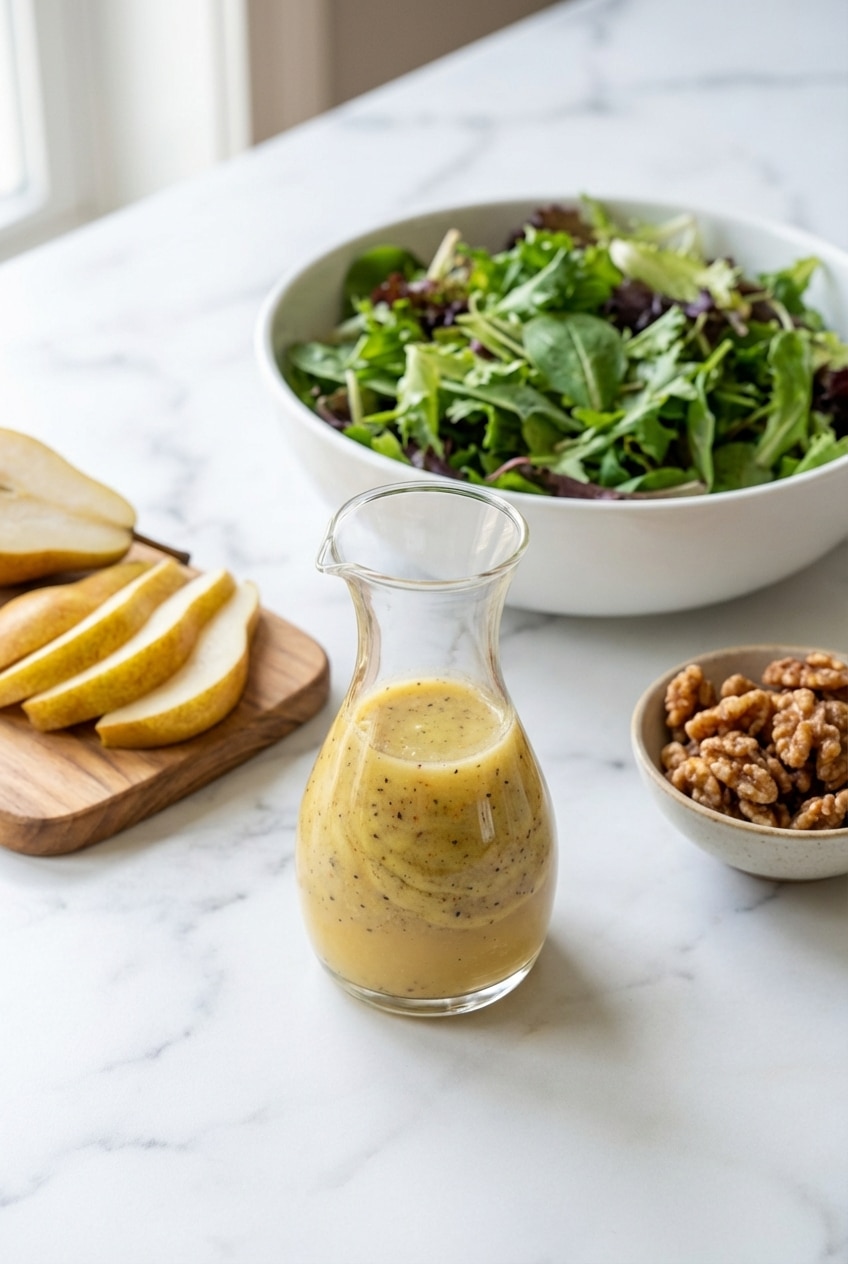 Freshly made Calamansi Vinaigrette stored in a glass mason jar on a kitchen counter, ready to pour over a vibrant salad.