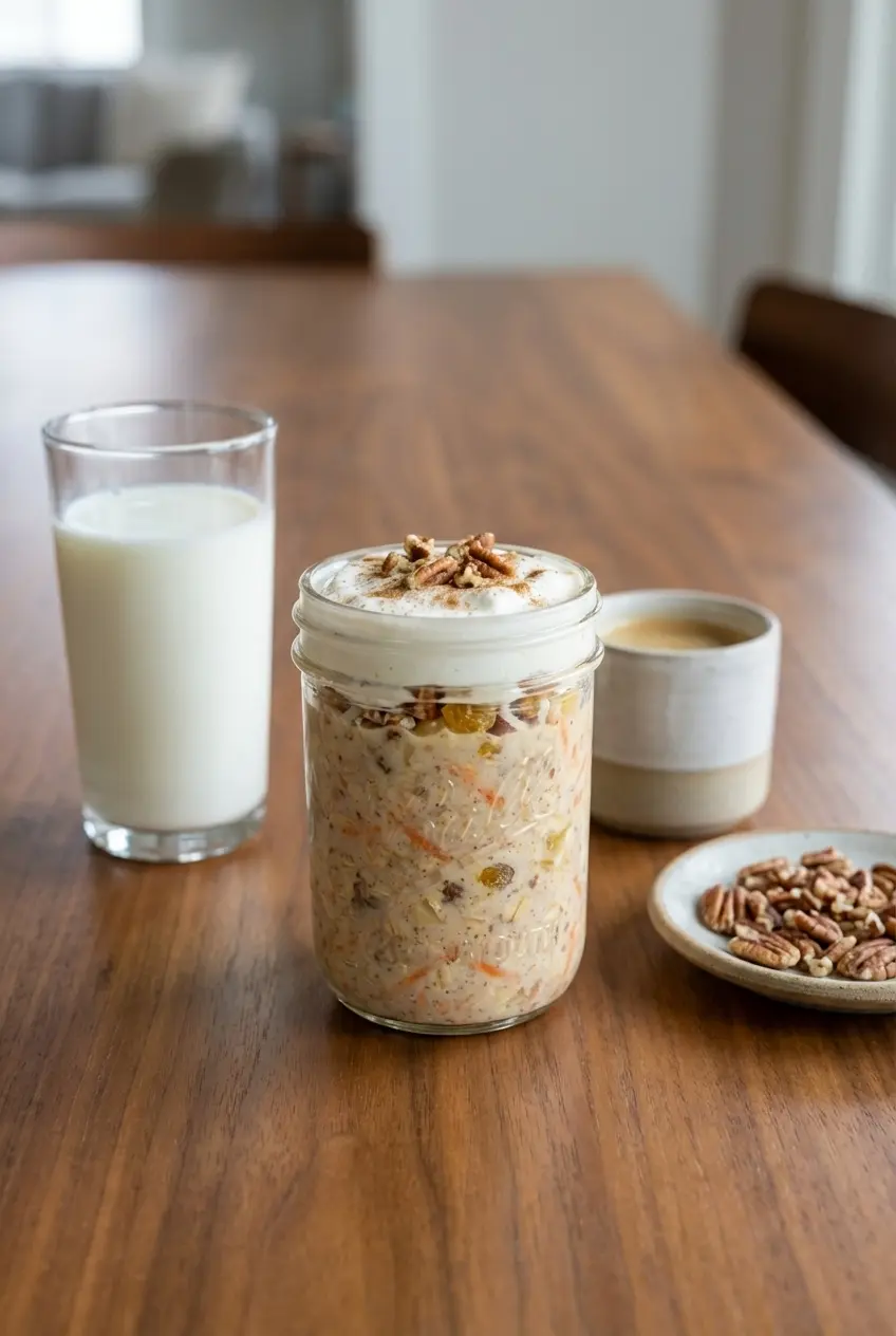 Carrot cake overnight oats sealed in a mason jar, showing layers of oats and the whipped cheesecake cap.