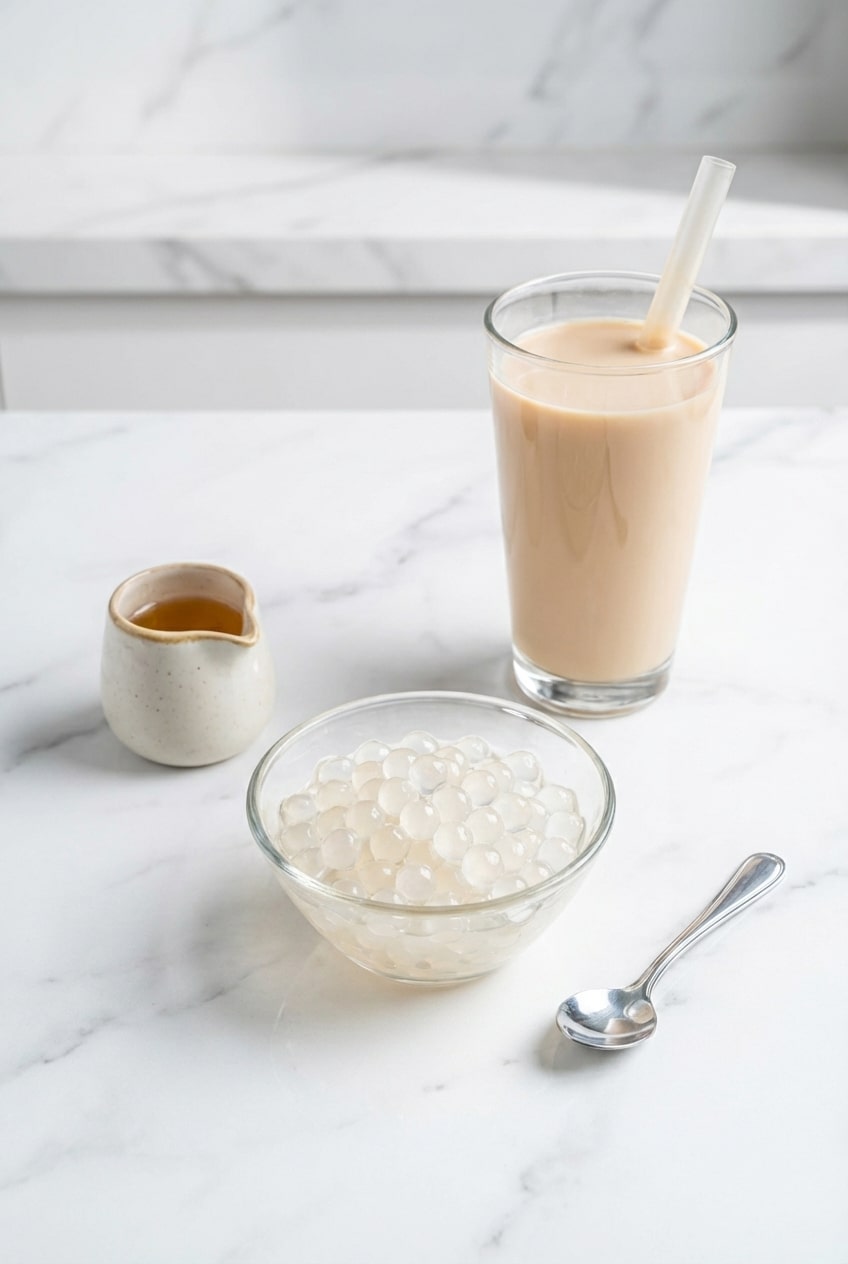A glass jar filled with prepared crystal boba recipe pearls soaking in syrup, ready for storage or serving.