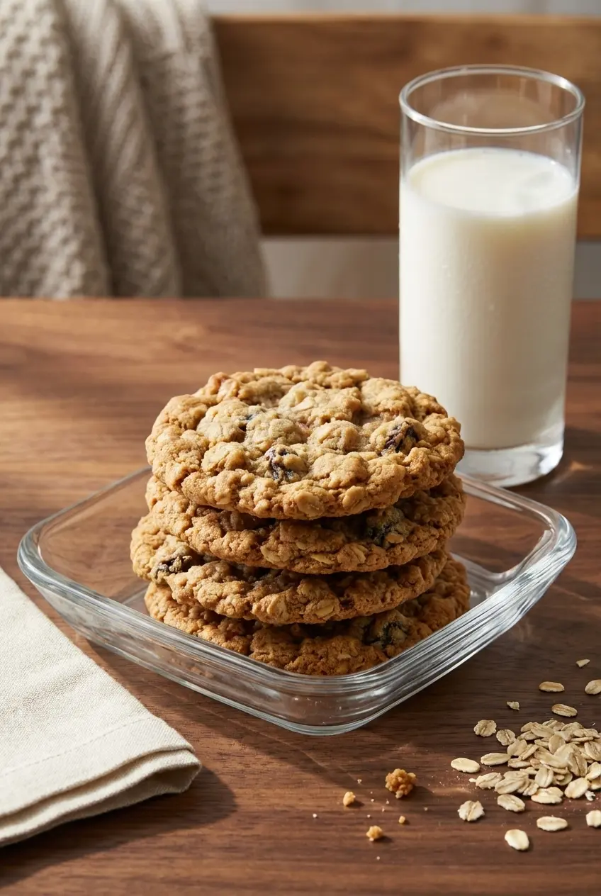 Stacked treats from our Oatmeal Cookies Recipe placed inside an airtight container lined with parchment paper for gifting.
