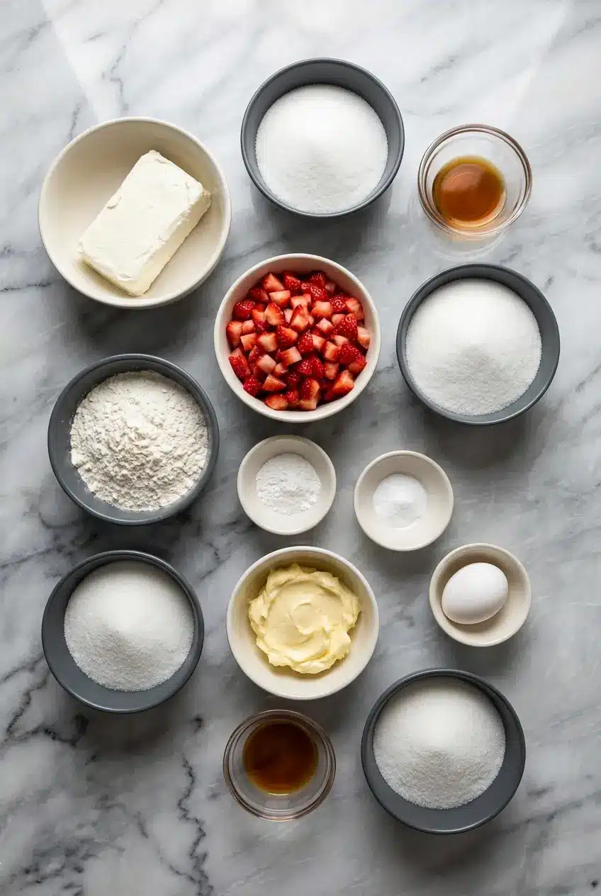 Ingredients for strawberry cheesecake cookies including fresh strawberries, graham cracker crumbs, and unsalted butter.
