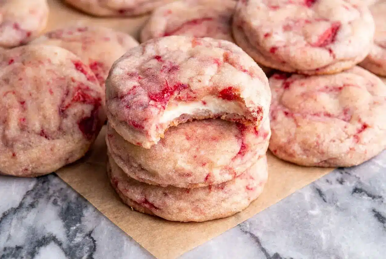 Strawberry cheesecake cookies with a toasted brown butter graham cracker base and creamy filling.