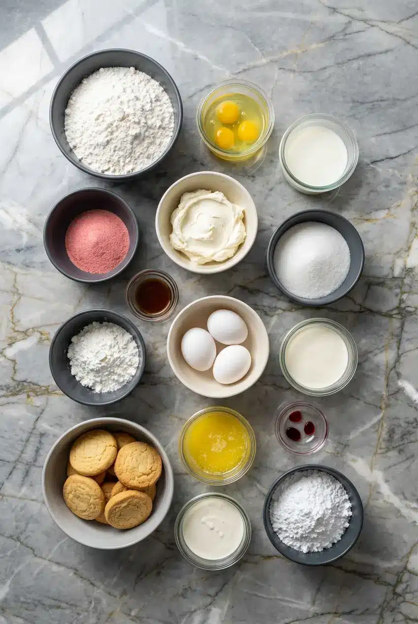 Flat lay of cream cheese, strawberry gelatin, and shortbread cookies for strawberry shortcake cheesecake.
