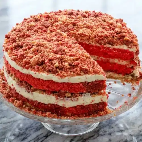 Strawberry shortcake cheesecake featuring a nutty browned butter crumble and fresh berry topping.