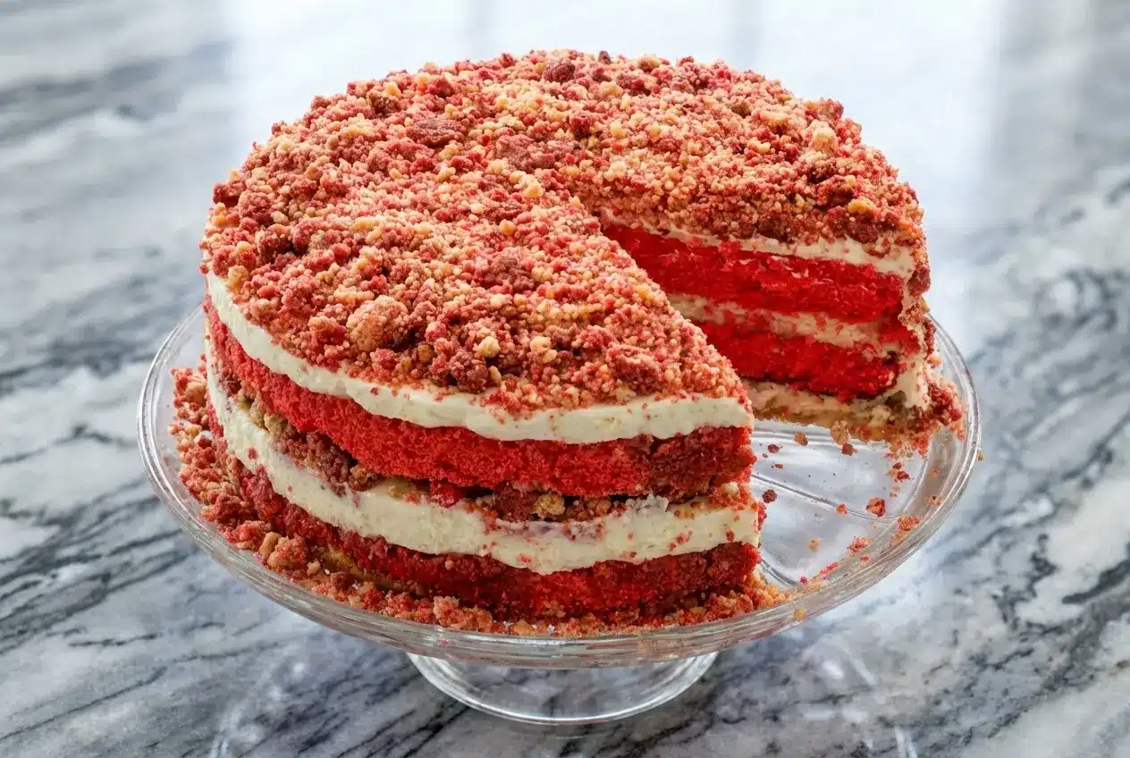 Strawberry shortcake cheesecake featuring a nutty browned butter crumble and fresh berry topping.