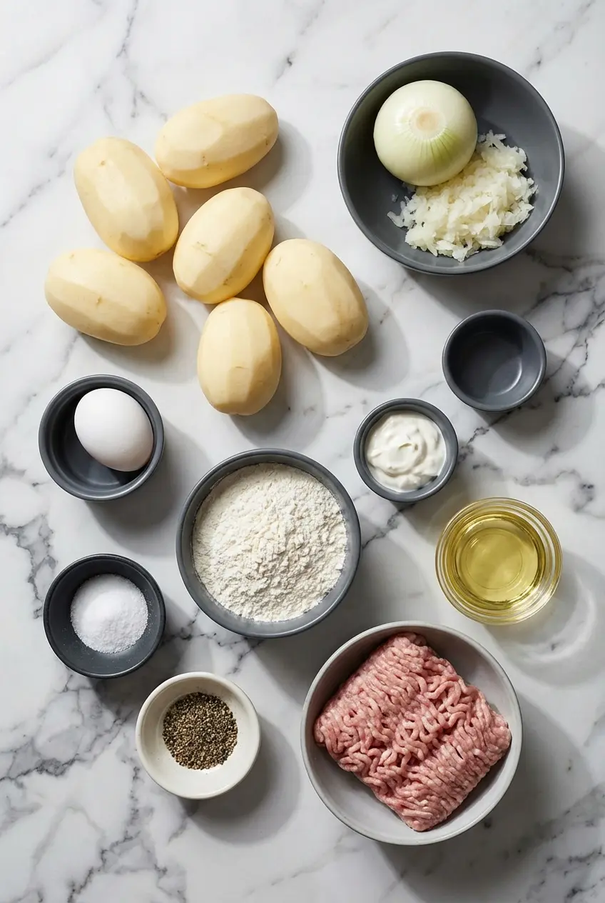 Raw ingredients for stuffed potato pancakes featuring Yukon Gold potatoes, ground pork, beef, and smoked paprika.