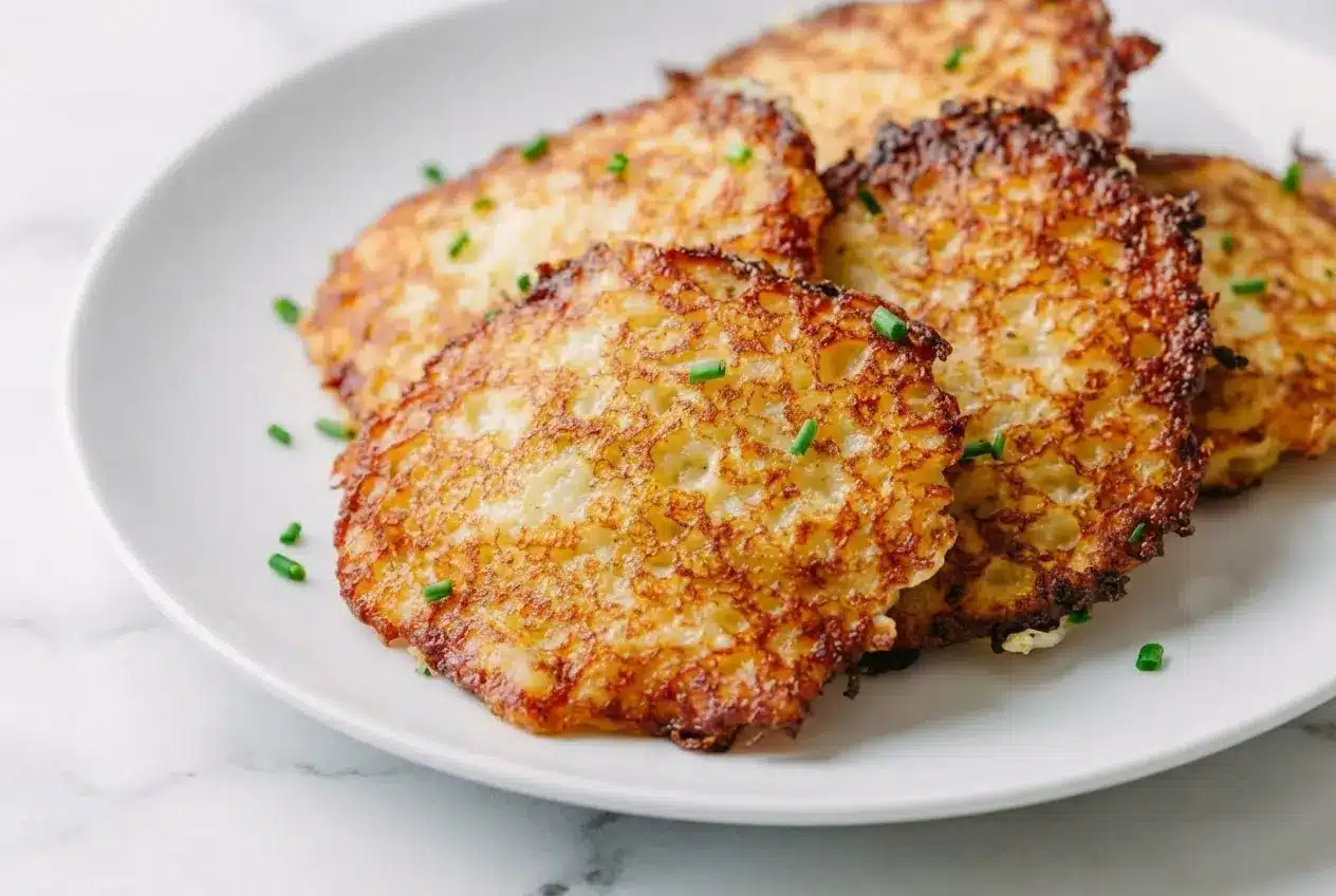Golden stuffed potato pancakes with a crispy crust from reclaimed starch and a savory meat center.