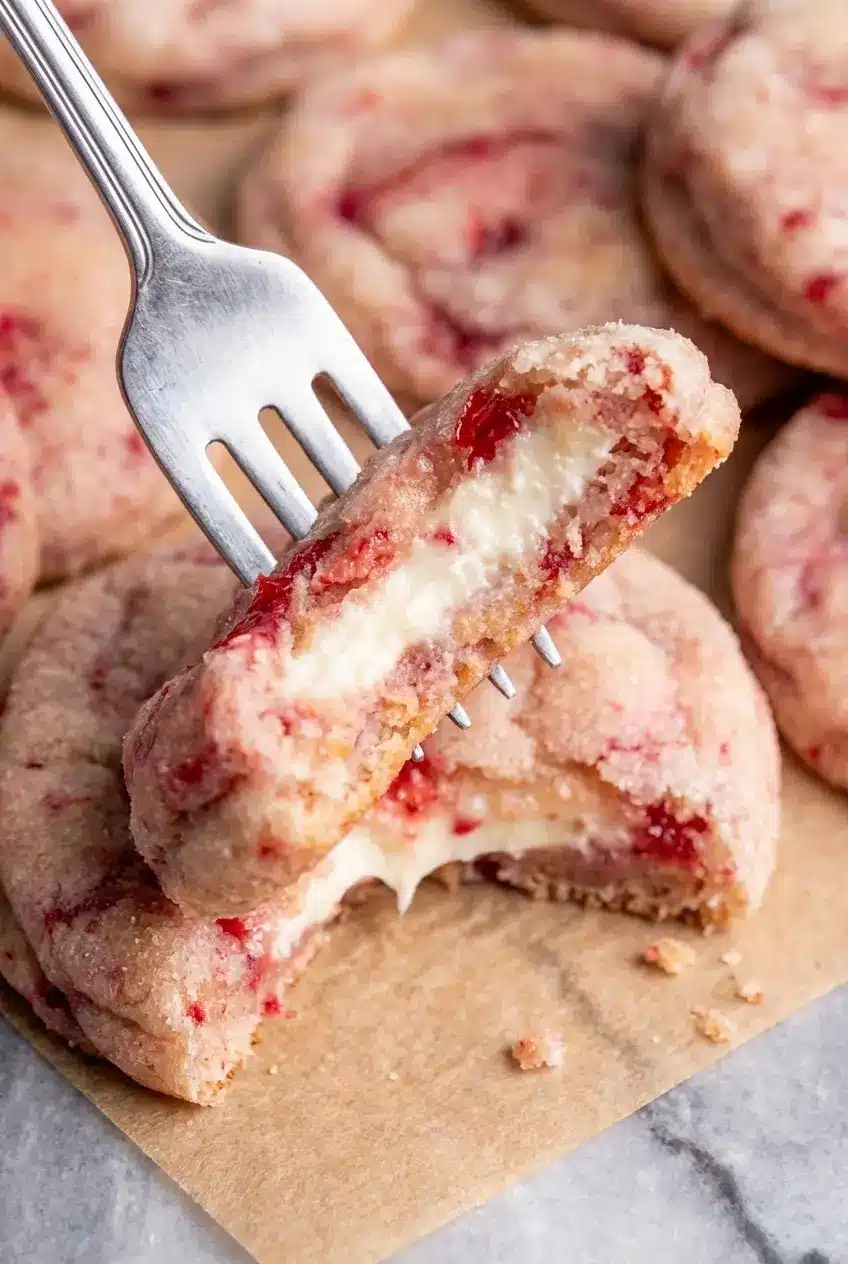 Stuffed strawberry cheesecake cookies being prepared on a parchment paper lined baking sheet.