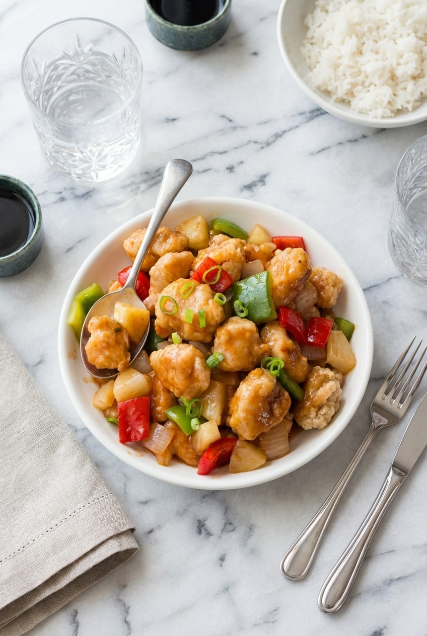 A serving of homemade Sweet and Sour Chicken plated over fluffy white rice, ready for a comforting weeknight dinner.