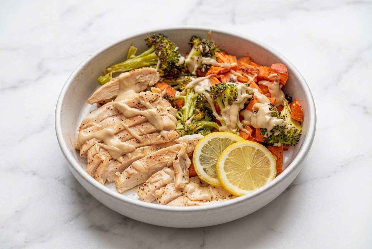 A vibrant tahini chicken bowl with roasted sweet potatoes and broccoli, drizzled with a creamy dressing made from a tahini-lemon paste.