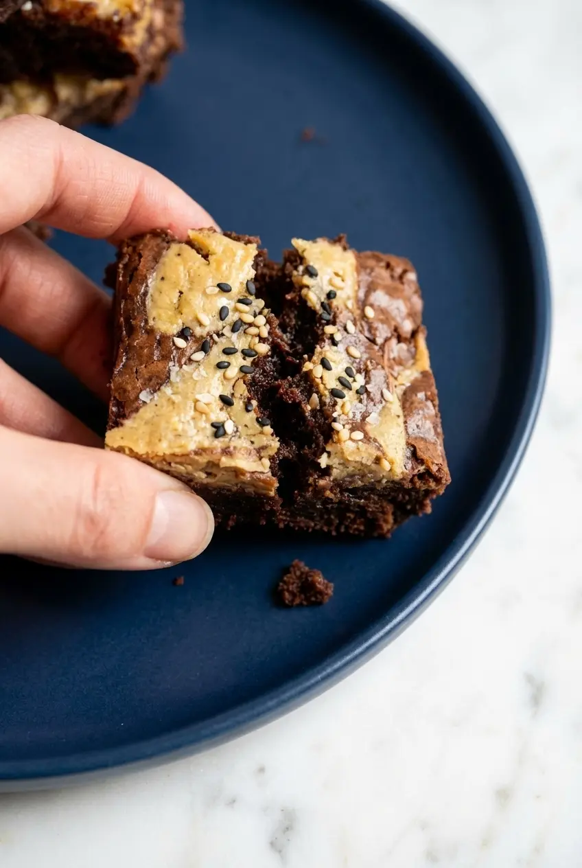 Close-up of fudgy Tahini Swirl Brownies showing the dense, gooey chocolate center, tahini ribbons, and seeded crunchy top.