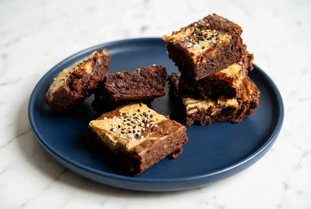 Tahini Swirl Brownies with browned butter and espresso powder, topped with black and white sesame seeds and flaky sea salt.