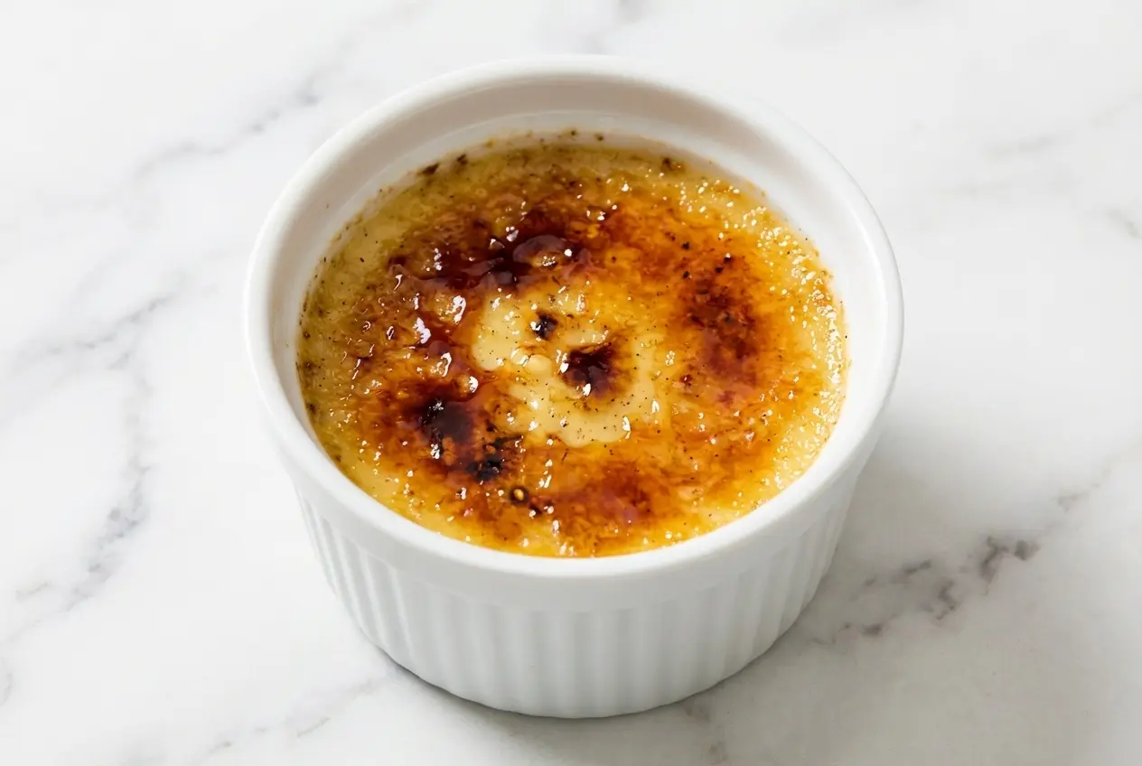 Ramekin of Tahitian Vanilla Creme Brulee featuring a crispy caramelized sugar crust over cold-infused 24-hour steeped custard.